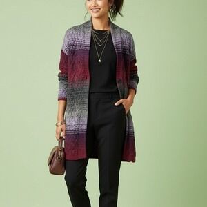 J. Jill‎ Gradient Cable Knit Cardigan S Womens Purple Red Gray Ombre Long
